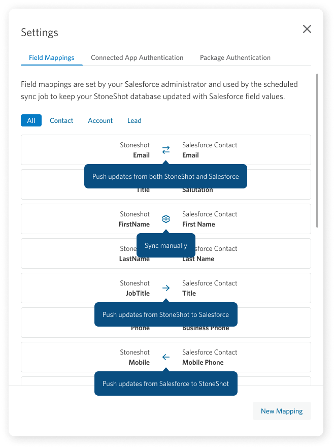 Field mapping modal tool tips