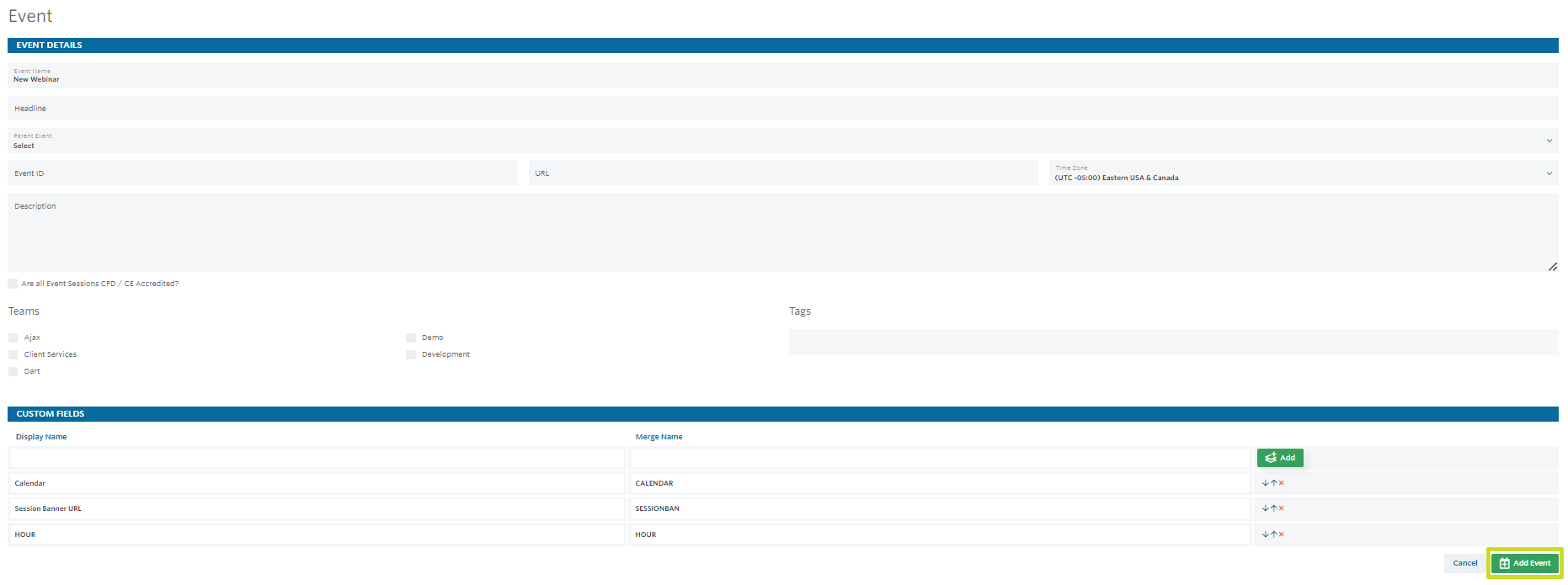 Create events details