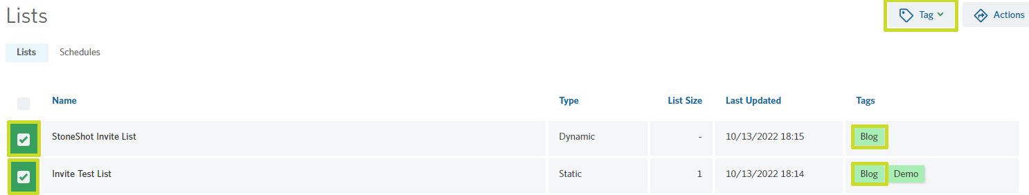 Tag multiple lists in StoneShot