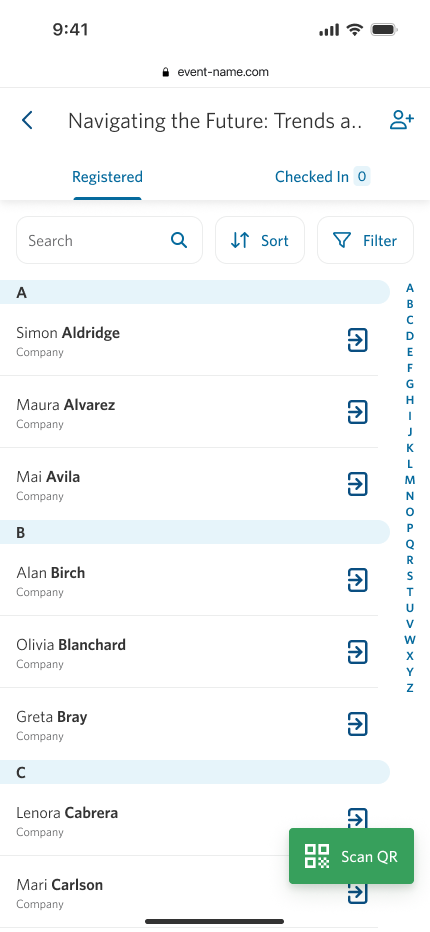 Event Check-In Registrants Page