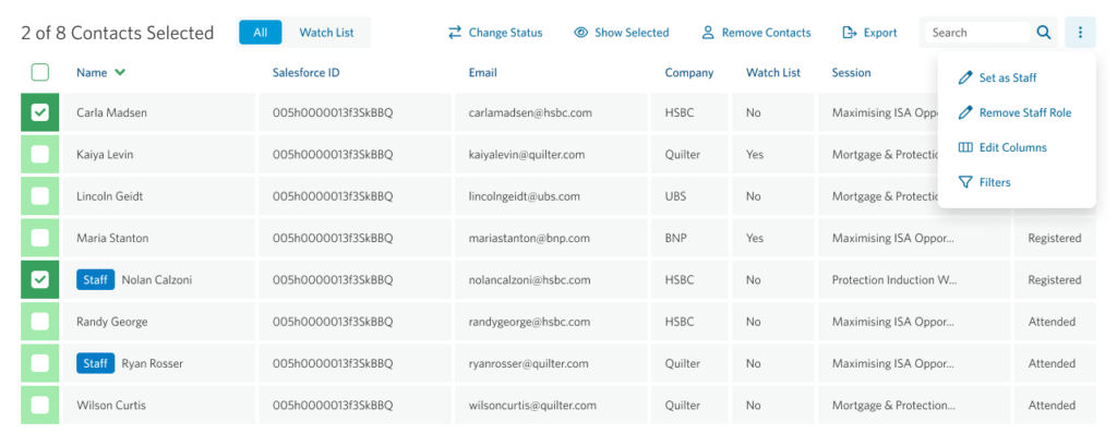 Contacts table within an event in the StoneShot Marketing Platform