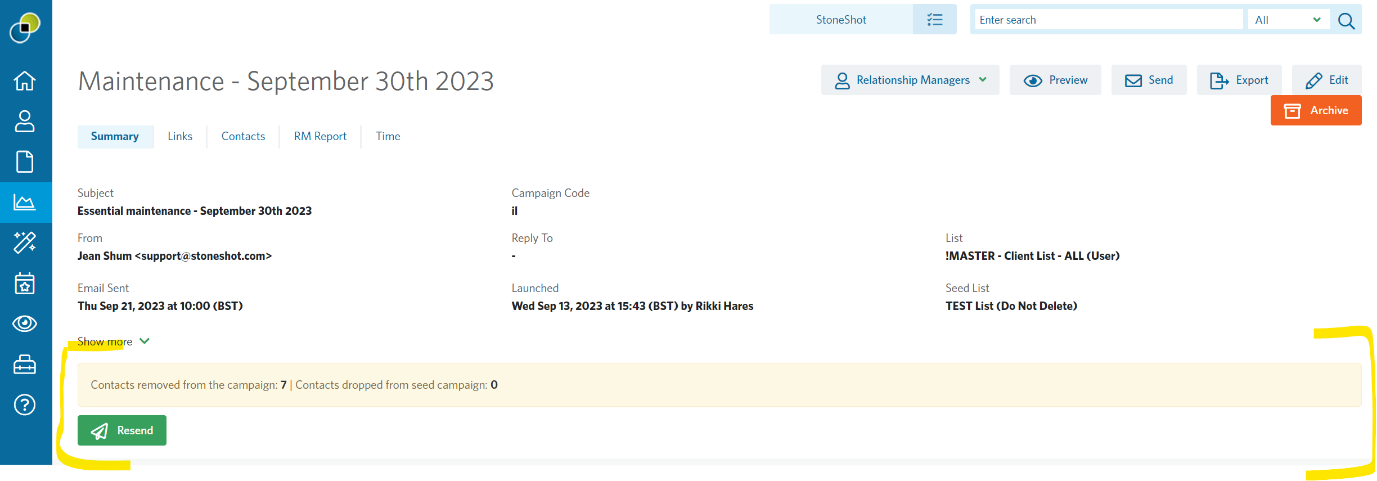 Image of a campaign summary highlighting the 'contacts removed' section.