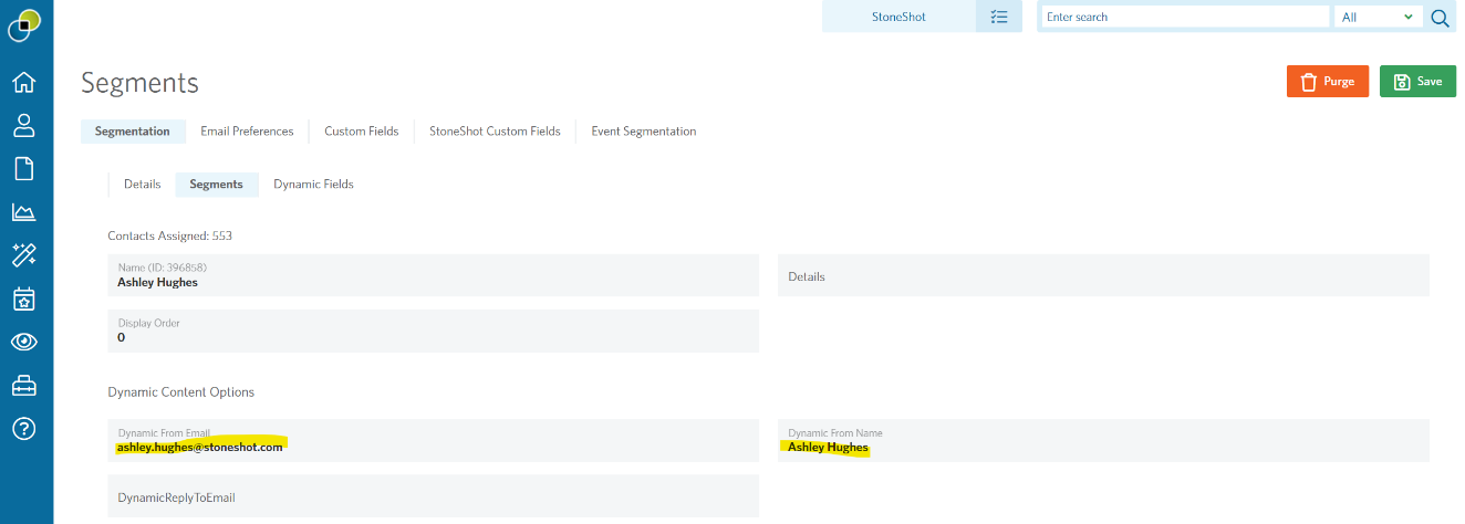 Image of the Segments page highlighting the dynamic content options of an individual Sales manager segment.