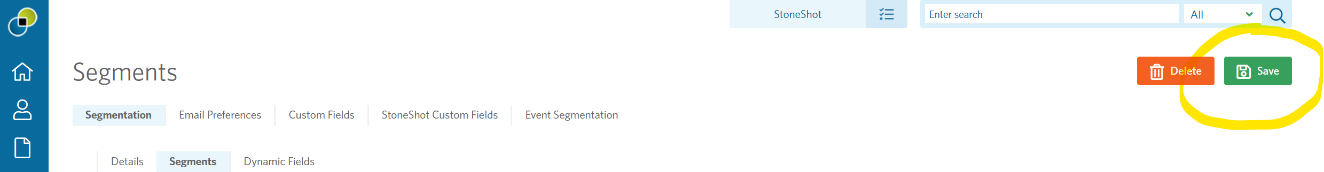 Image of the Segments page highlighting the Save button.