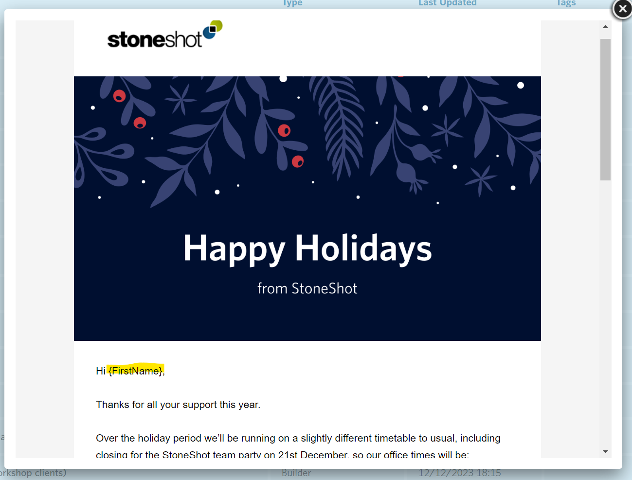Image of an email preview with the {FIRSTNAME} dynamic merge tag highlighted.