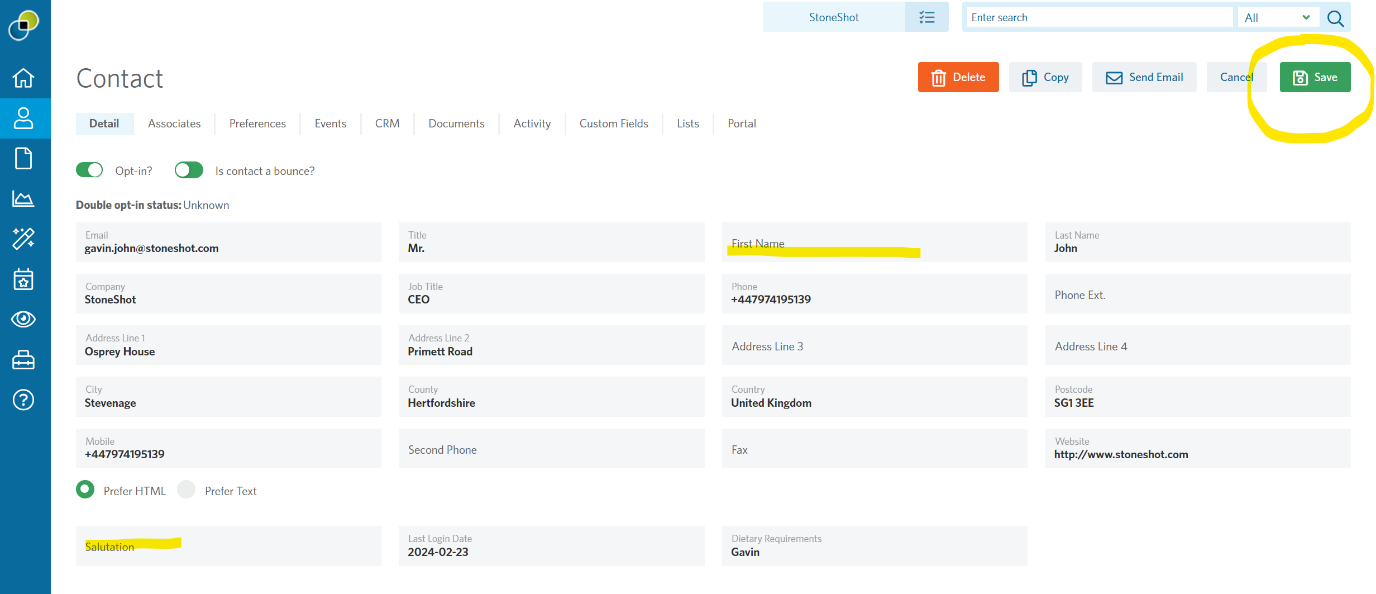 Image of the Contact summary highlighting how to update and save a contact record.