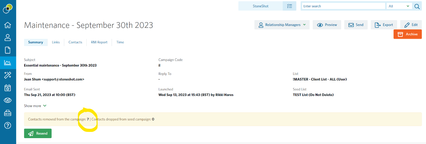 Image of a campaign summary highlighting the 'contacts removed' section.