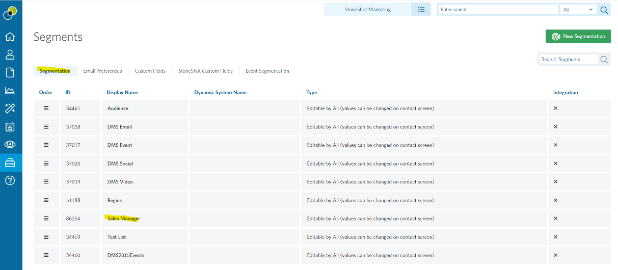 Image of the Segments page highlighting the Sales managers segment.