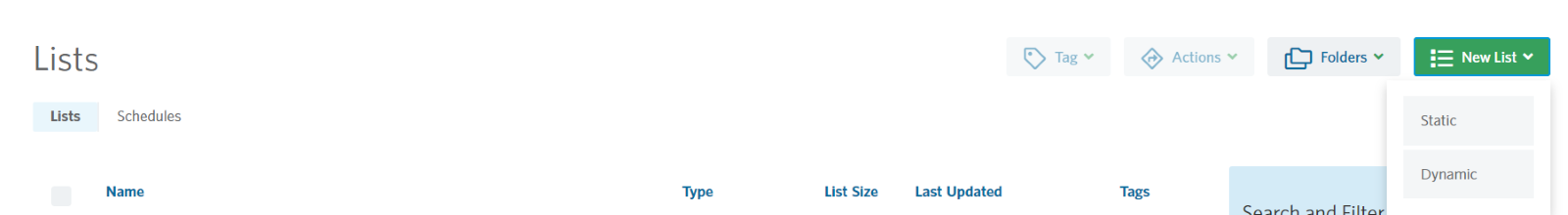 Image of the 'New list' button and options on the Lists page in StoneShot.