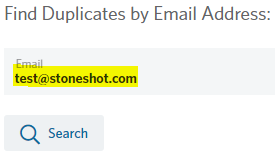 Image of the 'Find Duplicates by Email Address' Email search field in StoneShot.