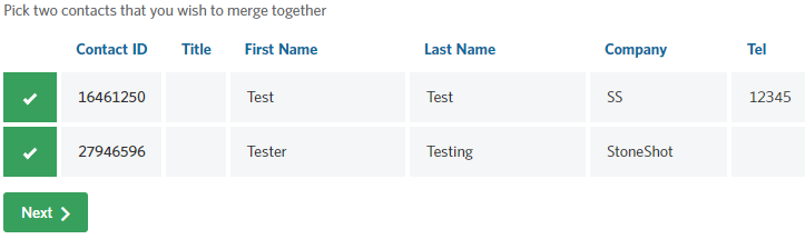 Image of the Contact merge table in StoneShot.