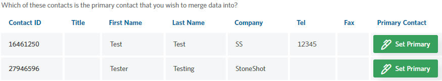 Image of the Contact merge table in StoneShot.