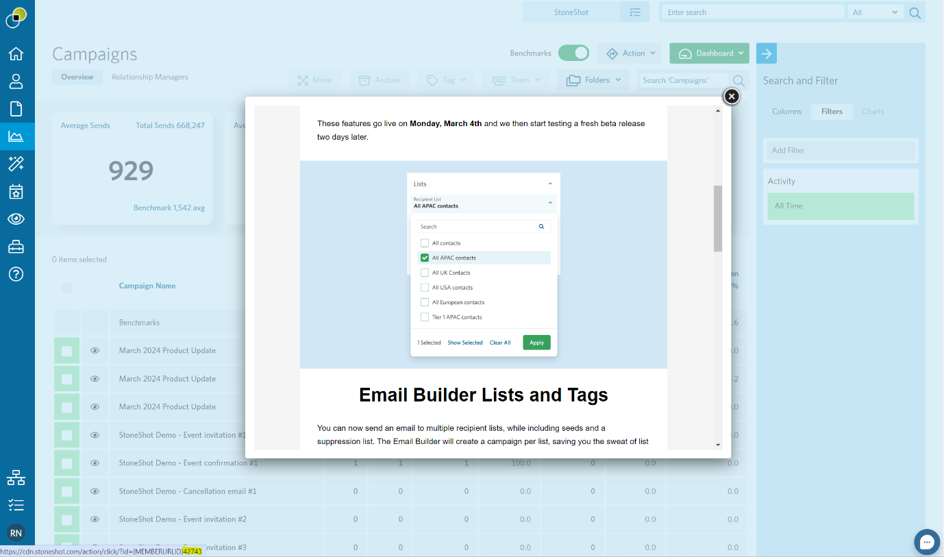 Image of an email preview popup on the Campaign summary page.