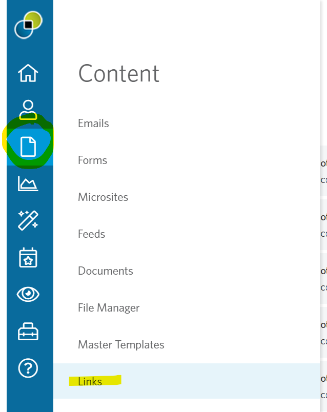 Image of the Content > Links tab in the site navigation.