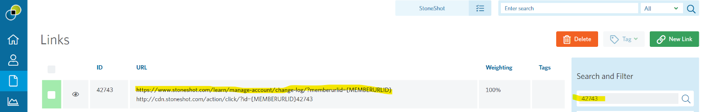 Image of the Links page highlighting the search field.