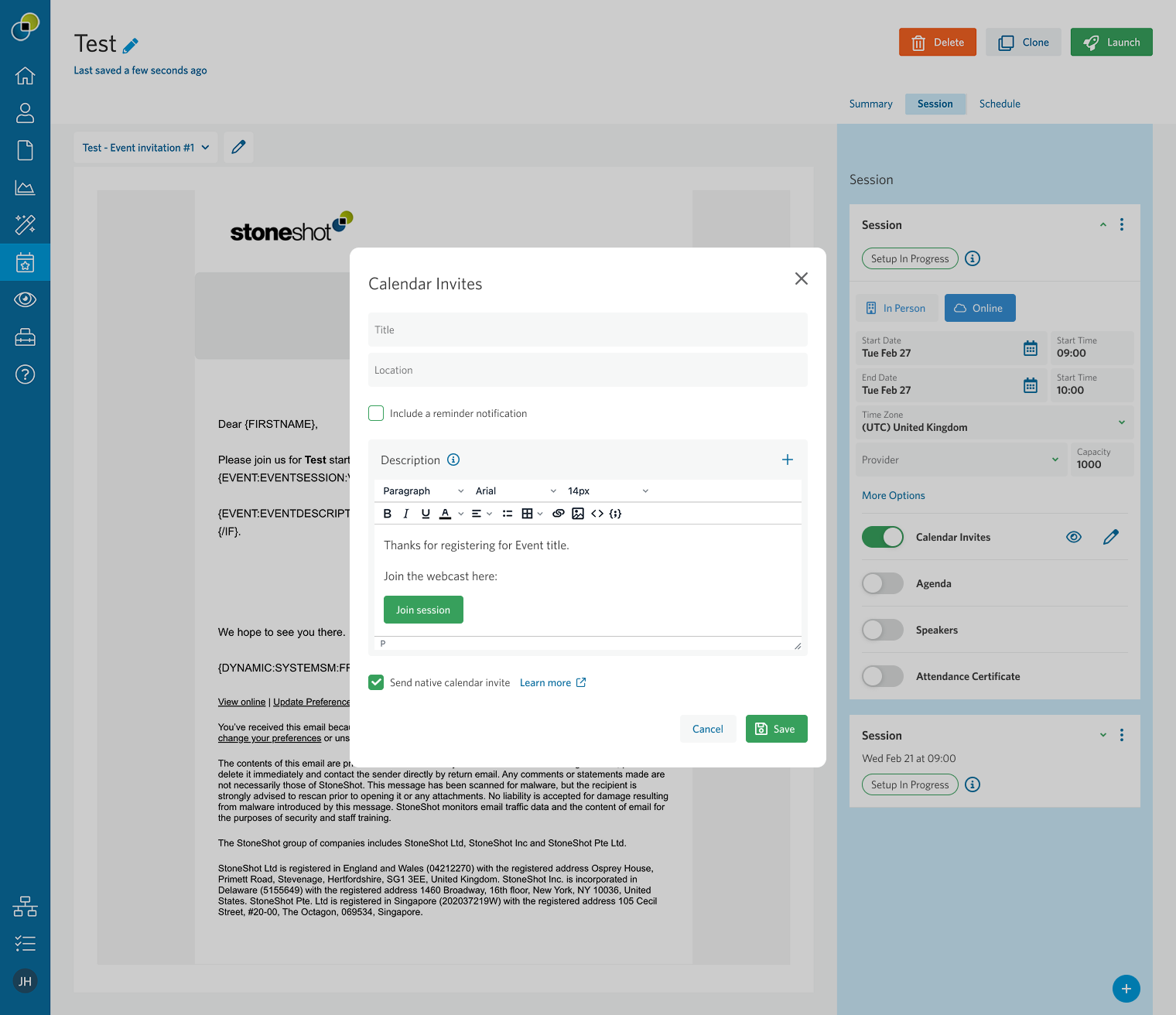 Instant Calendar Invites Edit Panel in Event Builder