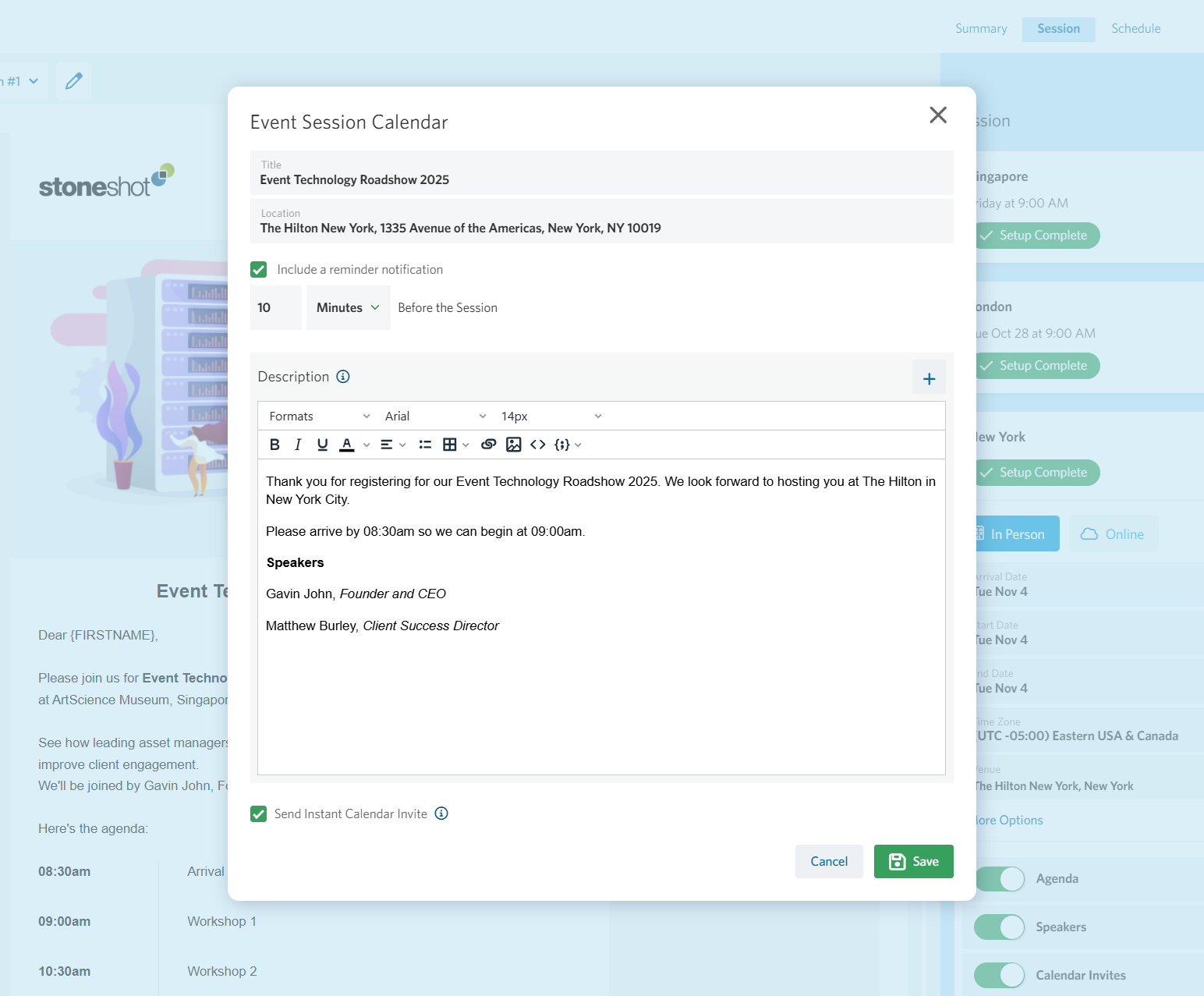 Instant Calendar Invites Edit Panel in Event Builder
