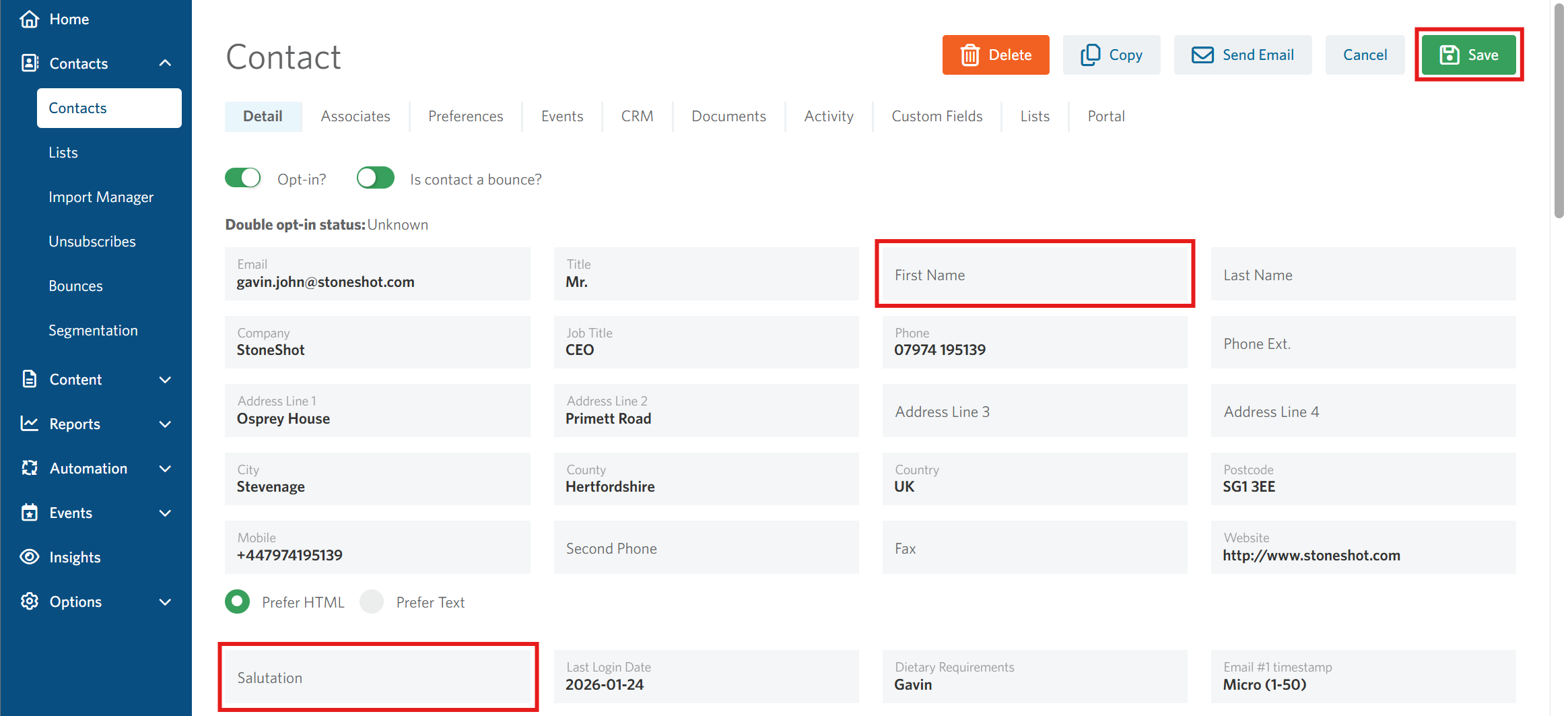 Image of the Contact summary highlighting how to update and save a contact record.