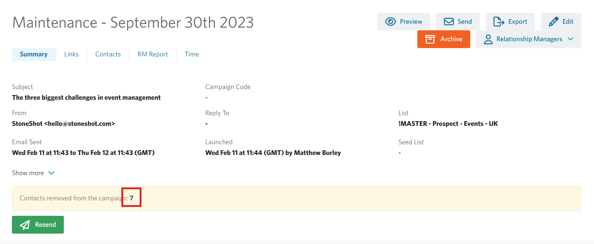 Image of a campaign summary highlighting the 'contacts removed' section.