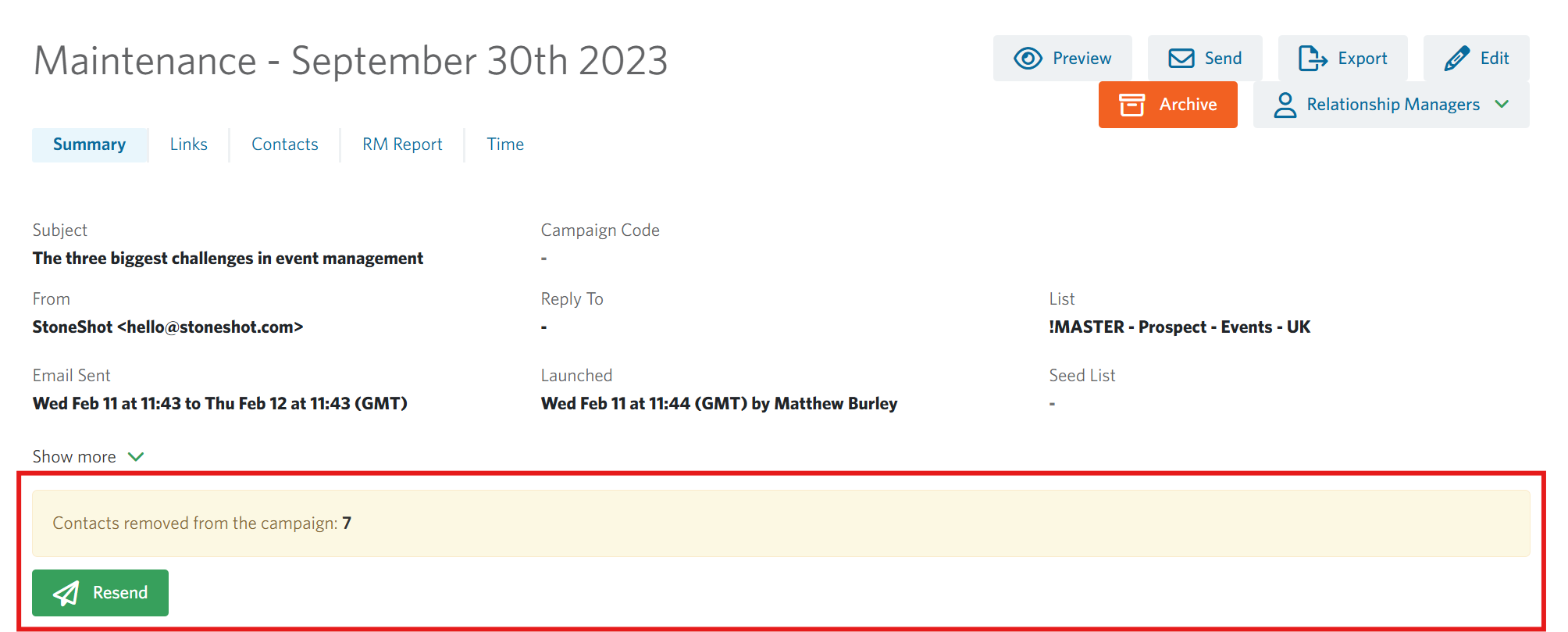 Image of a campaign summary highlighting the 'contacts removed' section.