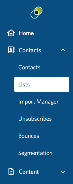 Image of the Contacts > Lists tab in the StoneShot navigation.