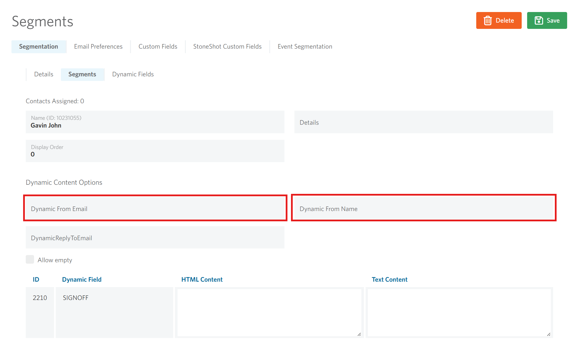Image of the Segments page highlighting the dynamic content options of an individual Sales manager segment.