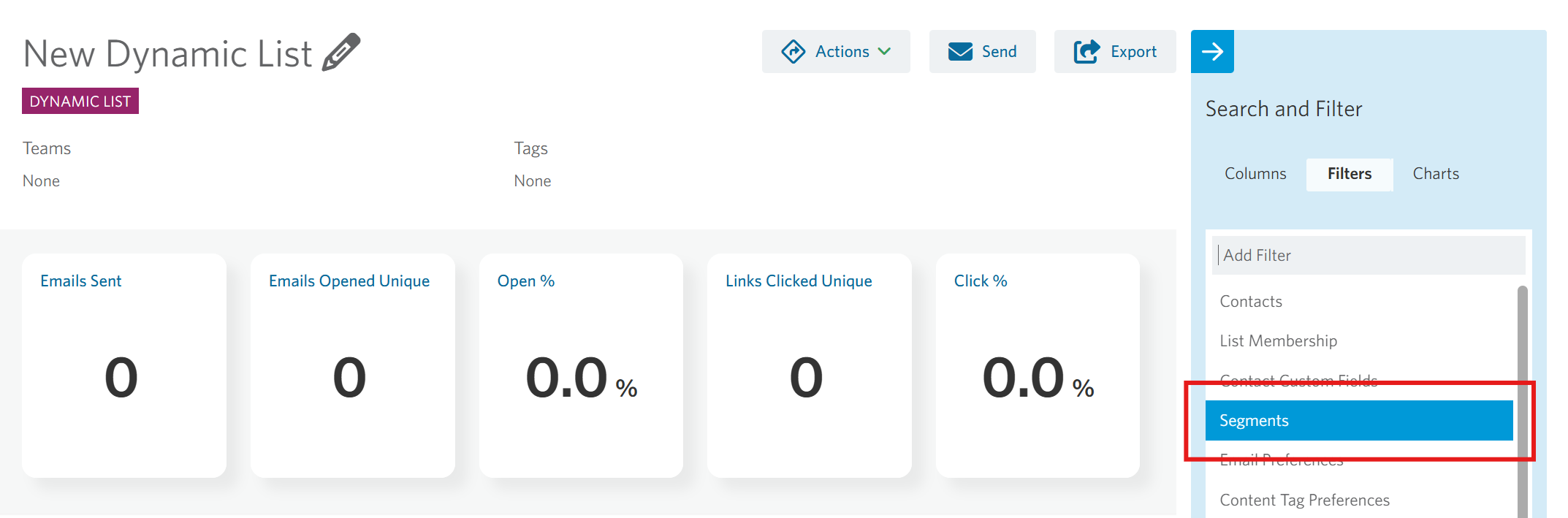 Image showing filters on a dynamic list.