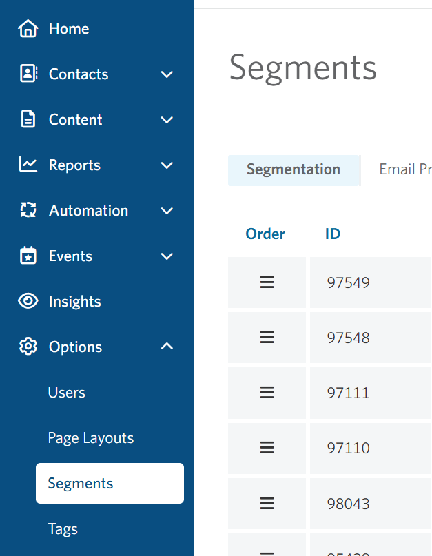 Image of the Options > Segments tab in the site navigation.