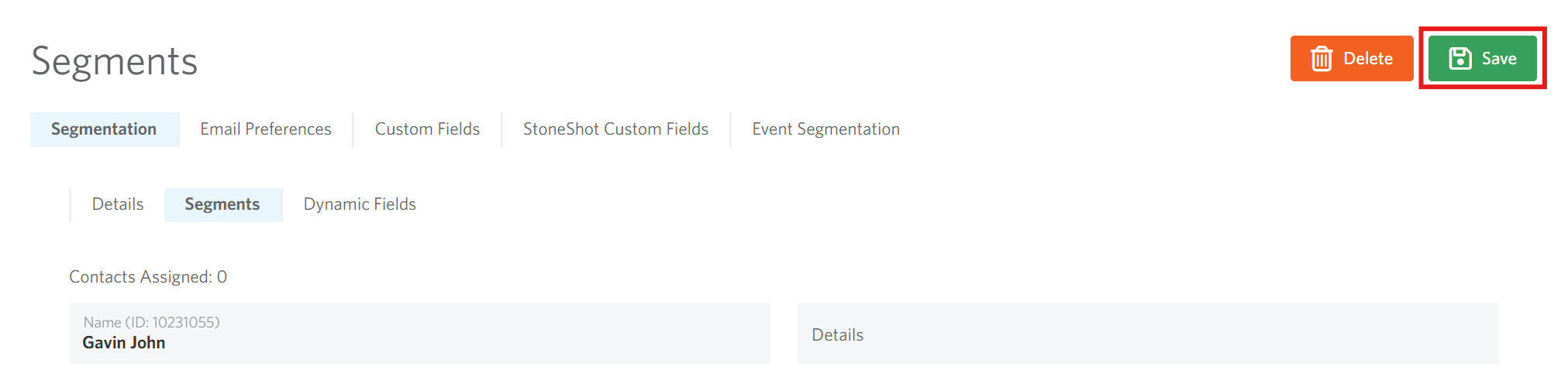 Image of the Segments page highlighting the Save button.
