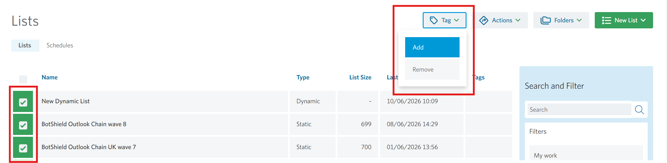 Tag multiple lists in StoneShot