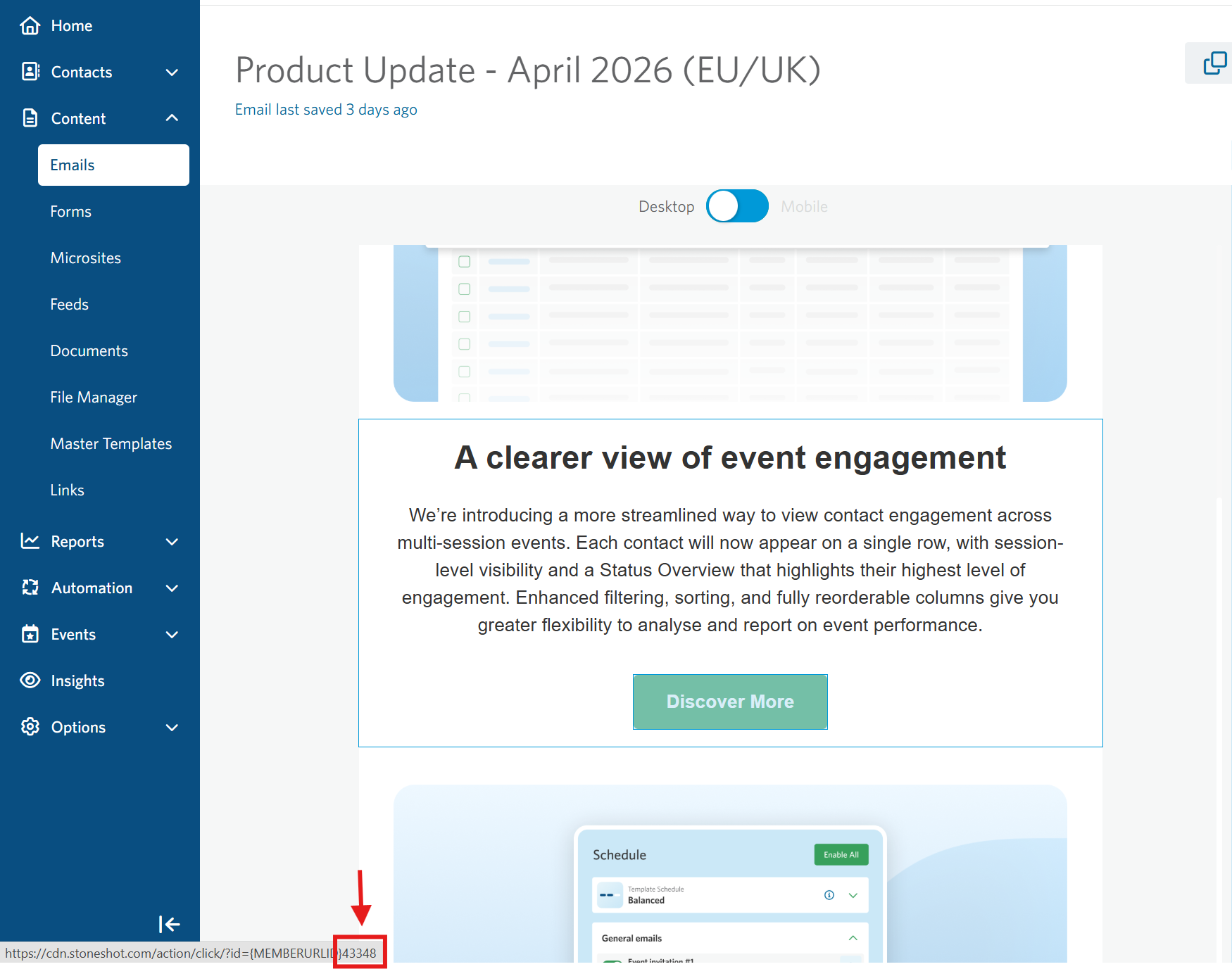 Image of an email preview popup on the Campaign summary page.