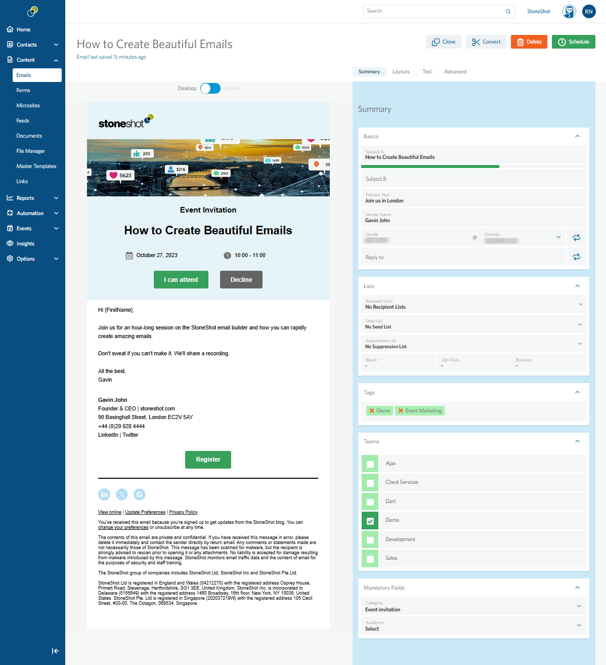 Email Builder summary page