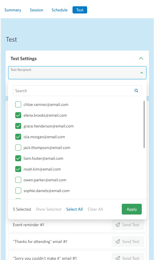 Test recipient dropdown