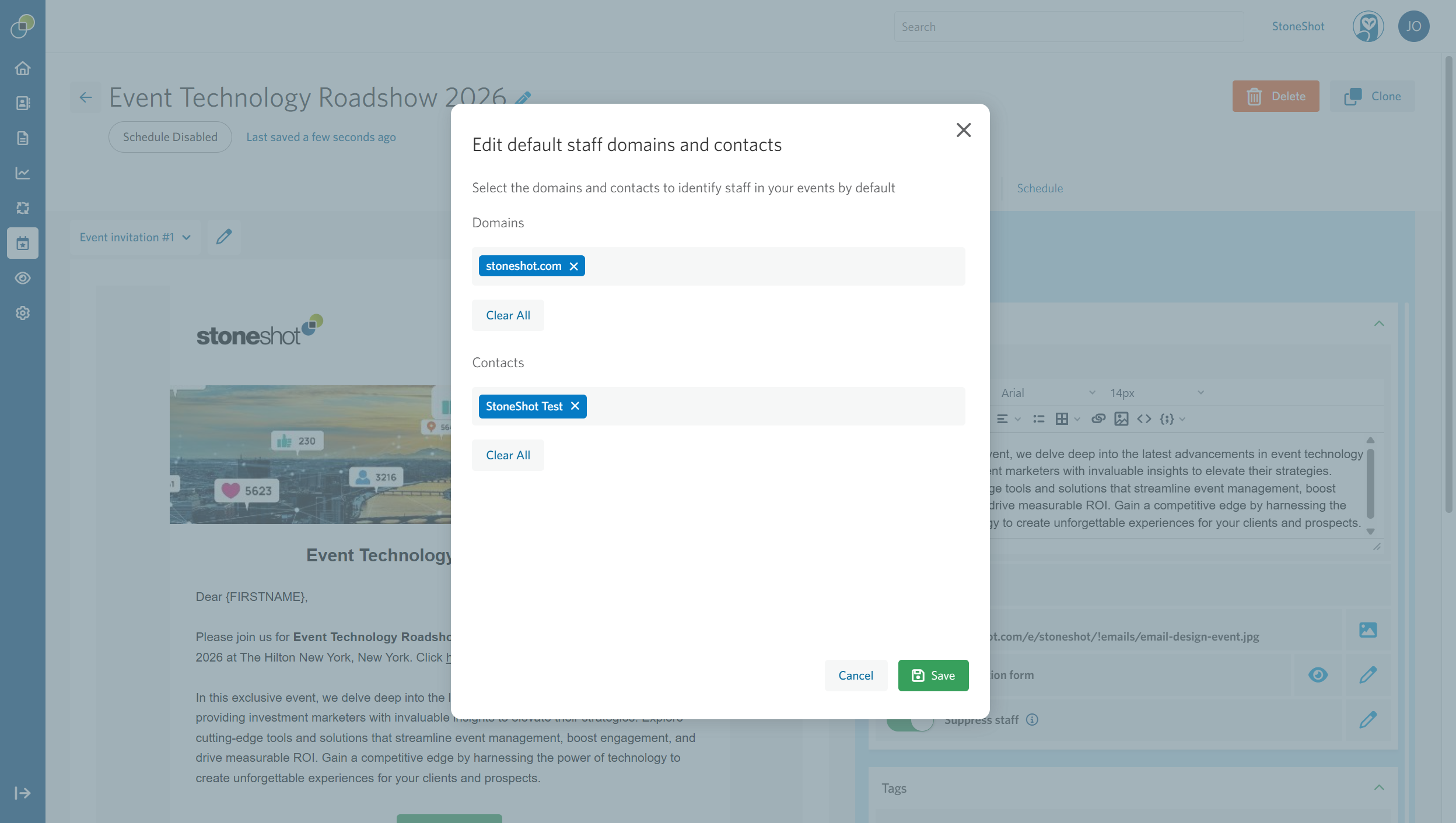 Edit staff domains and contacts for event modal