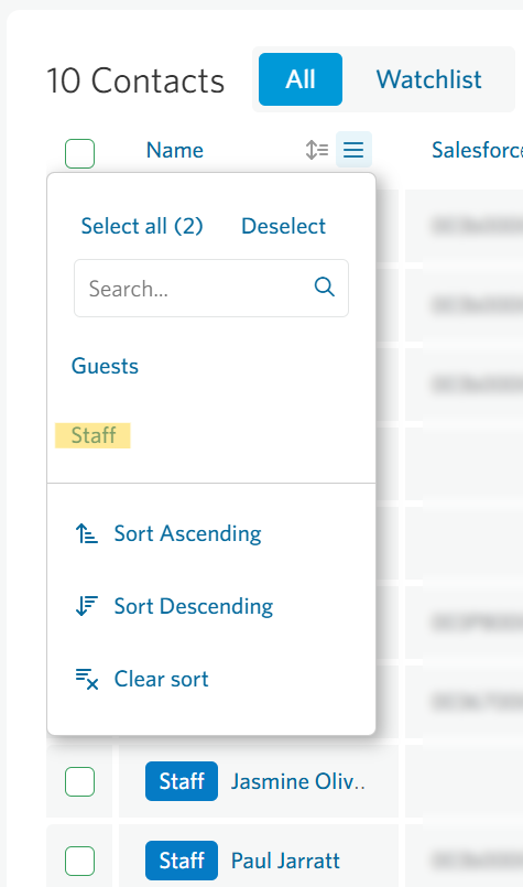 Filter by staff in Event Detail Contacts Table
