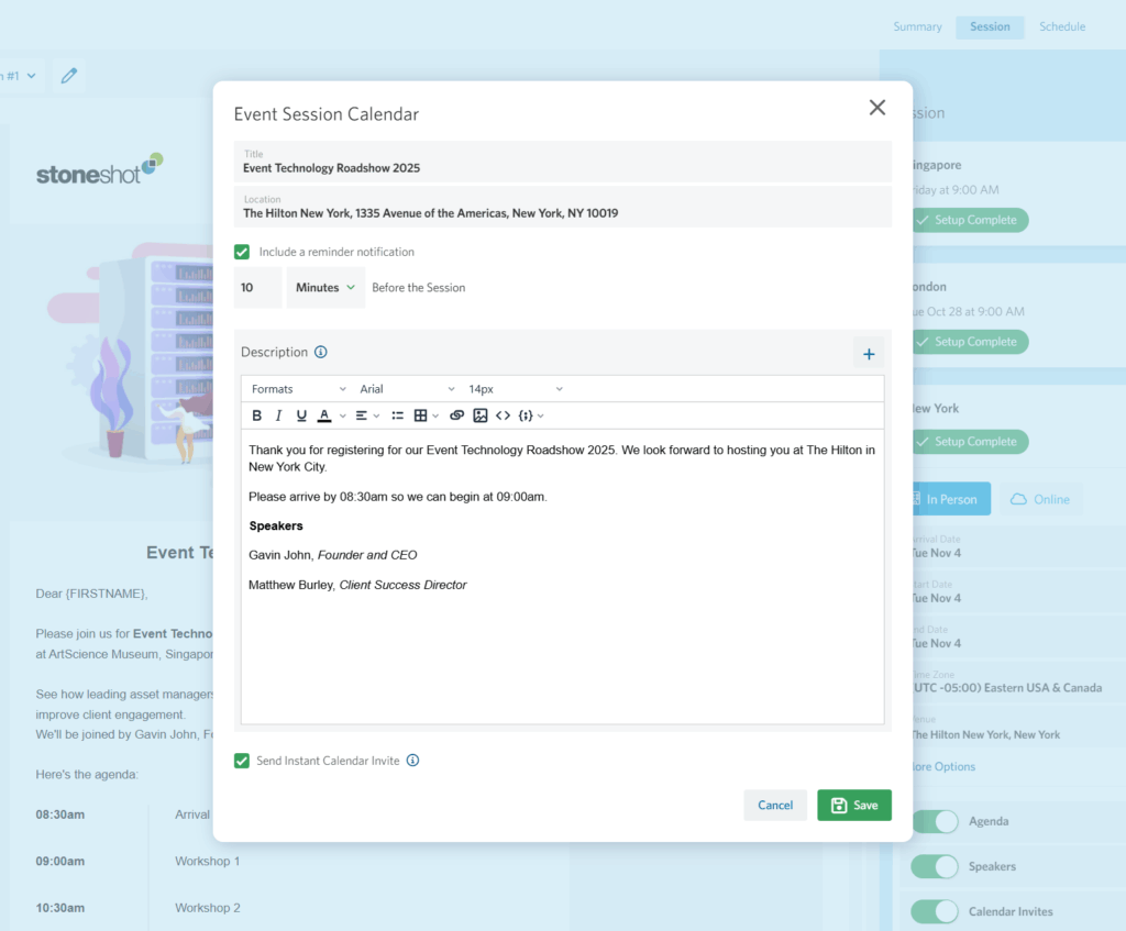 Instant Calendar Invites in StoneShot Event Builder
